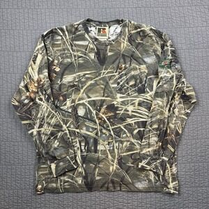 Vtg Y2K Russell Athletic Outdoors Camo T Shirt Men's Large Max 1 Mtn Dew Logo